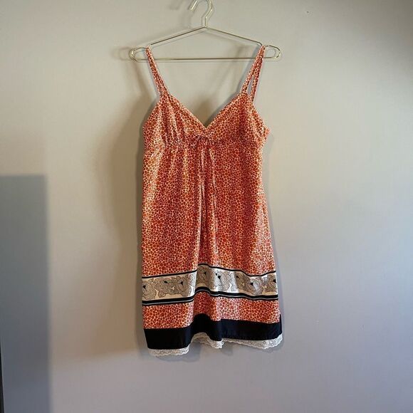Forever Orange Printed Floral Border Lace Trim Strappy Sundress | SZ M - Picture 1 of 14